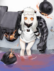 Rule 34 | 10s, 1girl, abyssal ship, breath weapon, breathing fire, fire, horns, kantai collection, long hair, looking at viewer, mittens, monster, northern ocean princess, open mouth, orange eyes, pale skin, sea slug, sitting, soaking feet, solo, turret, water, white hair, white mittens, zuwai kani
