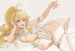 Rule 34 | 1girl, :d, ahoge, alcohol, alternate costume, blonde hair, breasts, china dress, chinese clothes, choko (cup), cleavage, cleavage cutout, clothing cutout, cup, dress, elbow rest, gold trim, high ponytail, highres, large breasts, long hair, lying, on side, open mouth, pelvic curtain, pouring, pouring onto self, purple eyes, rwby, sake, short sleeves, smile, solo, stirrup legwear, thighhighs, toeless legwear, wangxiii, yang xiao long