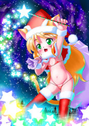 Rule 34 | 1girl, animal ears, bag, blonde hair, blush, cameltoe, cat ears, cat tail, eyebrows, eyelashes, flat chest, green eyes, hat, long hair, navel, open mouth, santa hat, solo, source request, star (symbol), star wand, tail, thighhighs, tree, wand