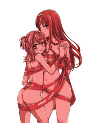 Rule 34 | 2girls, ass, bad id, bad pixiv id, blush, breasts, cleavage, hairband, highres, holding hands, interlocked fingers, large breasts, long hair, mono land, multiple girls, naked ribbon, navel, nude, original, ribbon, side ponytail, yuri