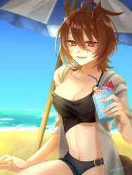 Rule 34 | 1girl, agnes tachyon (umamusume), ahoge, beach, bikini, black bikini, blush, breasts, cleavage, cocktail umbrella, collarbone, commentary request, cup, drink, drinking straw, earrings, emil1030 blue, glass, grey jacket, hair between eyes, highres, holding, holding cup, jacket, jewelry, looking at viewer, medium breasts, navel, o-ring, o-ring bikini, ocean, open clothes, open jacket, open mouth, outdoors, red eyes, sand, single earring, smile, solo, swimsuit, twitter username, umamusume, umbrella, water