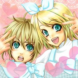 Rule 34 | 1boy, 1girl, blonde hair, blue eyes, bow, brother and sister, kagamine len, kagamine rin, open mouth, plaid, ribbon, siblings, smile, suzuagi, twins, v, vocaloid, white ribbon