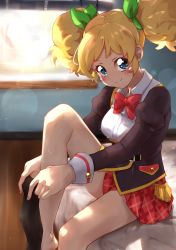Rule 34 | 1girl, absurdres, aikatsu!, aikatsu! (series), bare legs, barefoot, bed, bed sheet, black footwear, black jacket, window blinds, blonde hair, blue eyes, blurry, blurry background, blush, bow, bowtie, collared shirt, commentary, cowboy shot, depth of field, dream academy school uniform, dressing, green bow, hair bow, highres, indoors, jacket, lens flare, light particles, long sleeves, looking at viewer, multiple hair bows, no eyewear, on bed, plaid, plaid skirt, pleated skirt, puffy sleeves, putting on legwear, red bow, red bowtie, red skirt, saegusa kii, school uniform, shadow, shirt, sidelocks, single stripe, skirt, smile, solo, taiyaki29, thighs, twintails, white shirt, window, wooden floor