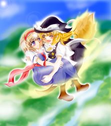Rule 34 | 2girls, alice margatroid, apron, ascot, bad id, bad pixiv id, blonde hair, blush, braid, broom, broom riding, capelet, carrying, chi-chi (pixiv984250), couple, hairband, hat, kirisame marisa, long hair, multiple girls, one eye closed, open mouth, princess carry, short hair, side braid, smile, touhou, waist apron, witch hat, yellow eyes, yuri