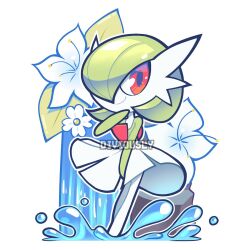 Rule 34 | artist name, bob cut, creatures (company), diviously, dress, flower, game freak, gardevoir, gen 3 pokemon, green hair, hair over one eye, highres, looking at viewer, nintendo, pink eyes, pokemon, pokemon (creature), simple background, smile, water, water drop, white background, white dress