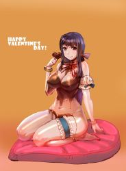 Rule 34 | 1girl, black eyes, black hair, bow (bhp), bracelet, breasts, chocolate, chocolate on body, chocolate on breasts, cleavage, detached sleeves, happy valentine, highres, huge breasts, jewelry, bridal garter, naked chocolate, navel, nude, original, seiza, sitting, solo, thighhighs, valentine