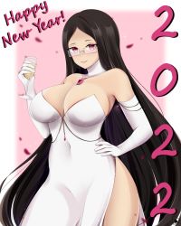 Rule 34 | 1girl, 2022, absurdres, alcohol, artist name, black hair, breasts, challengia, champagne flute, cleavage, covered navel, cup, dress, drinking glass, elbow gloves, evening gown, glasses, gloves, hand on own hip, happy new year, highres, jewelry, large breasts, lawchan, long hair, looking at viewer, mature female, nchans, nchans style, new year, open mouth, pink background, pink hair, simple background, text focus, white background, white dress, white gloves