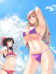Rule 34 | 2girls, absurdres, alternate costume, arm up, armpits, bikini, black eyes, black hair, blonde hair, blue sky, blush, bow, breasts, cloud, commentary request, cowboy shot, day, doitsuudon, expressionless, frilled bikini, frilled hair tubes, frills, gluteal fold, hair bow, hair tubes, hakurei reimu, hand in own hair, hand on breast, hand on own hip, highres, large breasts, long hair, looking at viewer, looking down, looking to the side, medium breasts, medium hair, multiple girls, navel, o-ring, o-ring bottom, outdoors, parted bangs, parted lips, perspective, pink lips, purple bikini, purple eyes, red bikini, shiny clothes, shiny skin, sidelocks, sky, smile, stomach, summer, swimsuit, thighs, thong bikini, toned, touhou, upper body, very long hair, wet, yakumo yukari