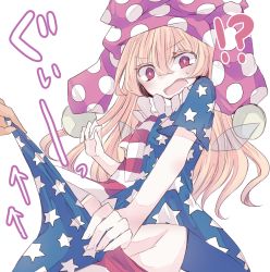 Rule 34 | !?, 1boy, 1girl, american flag dress, american flag legwear, blonde hair, clothes pull, clownpiece, collar, commentary request, fairy wings, frilled collar, frilled shirt collar, frills, hat, highres, jester cap, long hair, nagi (nagito), neck ruff, pantyhose, pantyhose pull, polka dot, red eyes, simple background, touhou, white background, wings