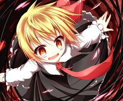 Rule 34 | 1girl, ascot, blonde hair, brown eyes, dress, fang, female focus, hair ribbon, highres, open mouth, outstretched arms, red eyes, ribbon, rumia, solo, touhou, wakagi repa