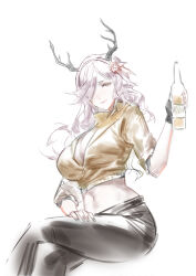 Rule 34 | 1girl, absurdres, antlers, aqua eyes, arknights, black pants, bottle, breasts, bright pupils, cleavage, closed mouth, coldshot (arknights), crop top, cropped jacket, crossed legs, feet out of frame, glass bottle, hair ornament, hair over one eye, hand on own leg, hand up, highres, holding, holding bottle, horns, invisible chair, jacket, large breasts, light smile, long hair, looking at viewer, messy hair, midriff, muted color, navel, one eye covered, pants, pink hair, simple background, sitting, sketch, sleeves past elbows, solo, white background, white pupils, yellow jacket, yiyanbanshengchou