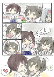 Rule 34 | !, !!, &gt; &lt;, &gt; o, 10s, 3girls, ?, asymmetrical hair, black hair, blocks, brown eyes, brown hair, comic, commentary, closed eyes, green eyes, hair ribbon, hairband, heart, hisui (kimochi), japanese clothes, kaga (kancolle), kantai collection, mirror, multiple girls, one eye closed, open mouth, ribbon, shoukaku (kancolle), side ponytail, silent comic, spoken exclamation mark, spoken heart, spoken lightbulb, spoken question mark, squiggle, toy, twintails, white hair, aged down, zuikaku (kancolle)