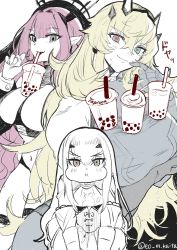 Rule 34 | 3girls, blonde hair, blush, breast envy, breasts, bubble tea, bubble tea challenge, closed mouth, cup, drinking straw, barghest (fate), barghest (second ascension) (fate), melusine (fate), melusine (second ascension) (fate), baobhan sith (fate), fate/grand order, fate (series), green eyes, heterochromia, highres, kaita (mokamilkcup), large breasts, long hair, looking at viewer, multiple girls, parted lips, pink eyes, pink hair, pointy ears, pout, pouty lips, sketch, smile, twitter username, unfinished