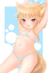 1girl animal_ear_fluff animal_ears armpits arms_up asymmetrical_hair bikini blonde_hair blue_background blush commentary_request cookie_(touhou) cowboy_shot flat_chest fox_ears fox_girl fox_tail highres loli looking_at_viewer medium_hair micro_bikini miramikaru_riran navel nipple_slip nipples open_mouth red_eyes single_sidelock solo swimsuit tail white_background yachou_senpai