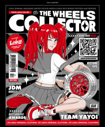 Rule 34 | 1girl, 2022, air jordan, air jordan 1, alex rsr, barcode, cover, fake magazine cover, from behind, grey skirt, hair behind ear, heart o-ring, highres, holding, long hair, looking at viewer, looking back, magazine cover, nike (company), o-ring, o-ring thigh strap, one eye closed, original, parted lips, pleated skirt, qr code, red hair, sailor collar, shirt, shoes, sitting, skirt, sneakers, solo, sparkle, thigh strap, twintails, wariza, wheel, white shirt