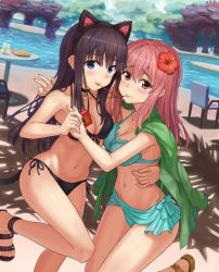 Rule 34 | 10s, 2girls, :p, animal ears, bikini, black bikini, black hair, blue bikini, blush, breasts, brown eyes, brown hair, cat ears, cat tail, chair, cleavage, closed mouth, commentary request, cup, day, drinking glass, feet, flower, food, front-tie bikini top, front-tie top, hair between eyes, hair flower, hair ornament, hand on another&#039;s hip, holding hands, koe no katachi, long hair, looking at viewer, medium breasts, mouth hold, multiple girls, navel, neck bell, nishimiya shouko, npcpepper, outdoors, pocky, purple eyes, sandals, sarong, side-tie bikini bottom, sidelocks, standing, standing on one leg, stomach, swimsuit, table, tail, tongue, tongue out, tree, ueno naoka