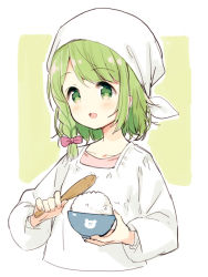 Rule 34 | 1girl, :d, apron, blush, bow, bowl, braid, collarbone, commentary request, cropped torso, green background, green eyes, green hair, hair bow, holding, holding bowl, holding spoon, kappougi, looking at viewer, meito (maze), morinaka kazaki, nijisanji, open mouth, outline, pink bow, pink shirt, rice bowl, shamoji, shirt, side braid, smile, solo, spoon, tenugui, two-tone background, upper body, virtual youtuber, white background, white outline, wooden spoon