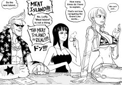 Rule 34 | 1boy, 1koma, 2girls, absurdres, bb (baalbuddy), bikini, bikini over clothes, bikini top only, breasts, chain, cleavage, closed mouth, comic, commentary, cropped jacket, cup, dress, english commentary, english text, franky (one piece), greyscale, hana hana no mi, height difference, highres, holding, holding cup, jacket, large breasts, long hair, long sleeves, monochrome, multiple girls, muscular, muscular male, nami (one piece), navel, nico robin, one piece, open clothes, open jacket, open mouth, open shirt, pants, pectorals, short hair, sideburns, sitting, smile, stomach, sunglasses, swimsuit, underboob