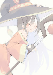 Rule 34 | 1girl, :d, alternate hair length, alternate hairstyle, bare shoulders, bent over, black gloves, black hat, brown hair, commentary, dress, fingerless gloves, gloves, hagi neco, hat, highres, holding, holding staff, kono subarashii sekai ni shukufuku wo!, leaning forward, long hair, looking at viewer, megumin, off-shoulder dress, off shoulder, one eye closed, open mouth, pale color, red dress, red eyes, simple background, smile, solo, staff, teeth, upper teeth only, very long hair, white background, witch hat