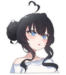 Rule 34 | 1girl, :o, ahoge, aningay, black hair, blue eyes, collarbone, cropped torso, double bun, hair between eyes, hair bun, heart, heart ahoge, highres, long hair, looking at viewer, off shoulder, original, parted lips, shirt, simple background, solo, upper body, white background, white shirt