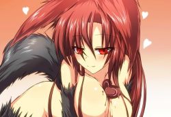 Rule 34 | 1girl, animal ears, between breasts, blush, breasts, brown hair, chocolate, chocolate on body, chocolate on breasts, desukingu, fur, g (genesis1556), heart, imaizumi kagerou, long hair, nude, red eyes, smile, solo, tail, touhou, valentine, wolf ears, wolf tail