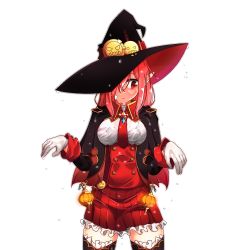 Rule 34 | 1girl, cape, collar, dungeon and fighter, gloves, hat, long hair, looking down, mage (dungeon and fighter), red hair, red skirt, skirt, solo, sss (komojinos3), transparent background, upper body, wet, witch, witch (dungeon and fighter), witch hat