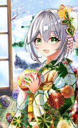Rule 34 | 1girl, :d, ball, commentary request, cowboy shot, eyelashes, flower, genshin impact, green eyes, grey hair, hair flower, hair ornament, han (riyonosyumi), hands up, highres, holding, holding ball, indoors, japanese clothes, kimono, long hair, looking at viewer, multicolored clothes, multicolored kimono, nahida (genshin impact), open mouth, pointy ears, smile, snow, snowing, solo, star-shaped pupils, star (symbol), symbol-shaped pupils
