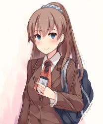 Rule 34 | 10s, 1girl, 2014, apple inc., bag, blue eyes, blush, brown hair, cellphone, dated, highres, iphone, kantai collection, kumano (kancolle), long hair, looking at viewer, md5 mismatch, phone, ponytail, resolution mismatch, shuuichi, sketch, smartphone, smile, solo, source smaller, twitter username