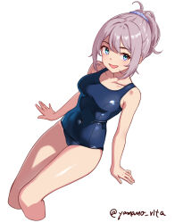 Rule 34 | 1girl, aoba (kancolle), blue eyes, blue one-piece swimsuit, covered navel, cropped legs, feet out of frame, hair ornament, hair scrunchie, highres, invisible chair, kantai collection, messy hair, old school swimsuit, one-hour drawing challenge, one-piece swimsuit, ponytail, purple hair, school swimsuit, scrunchie, short hair, simple background, sitting, smile, solo, swimsuit, twitter username, white background, yamano rita