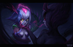 Rule 34 | 2girls, artist name, blue hair, bound, breasts, claws, colored sclera, colored skin, dated, demon girl, disguise, evelynn (league of legends), grabbing another&#039;s chin, green sclera, hand on another&#039;s chin, highres, horns, league of legends, lips, looking at another, multicolored skin, multiple girls, neeko (league of legends), nose, pink sclera, short hair, slit pupils, small breasts, smile, tran thanh, transformation, yellow eyes, yuri