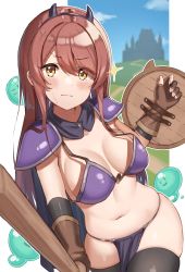 Rule 34 | 1girl, :3, absurdres, armor, bikini, bikini armor, black hairband, black thighhighs, blush, breasts, brown gloves, castle, cleavage, closed mouth, cowboy shot, day, demon horns, elbow gloves, fake horns, fingerless gloves, gloves, hairband, highres, holding, holding sword, holding weapon, horns, idolmaster, idolmaster shiny colors, large breasts, loincloth, looking at viewer, loose clothes, navel, osaki tenka, outdoors, outside border, purple bikini, shield, shoulder armor, skindentation, slime (creature), smile, smug, solo, sparkle, stomach, swept bangs, swimsuit, sword, thighhighs, v-shaped eyebrows, wanimaru, weapon, wooden shield, wooden sword, yellow eyes