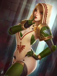 Rule 34 | 1girl, adeptus astartes, armor, bikini armor, blonde hair, boots, breasts, brown hood, cleavage, dark angels, finger to mouth, green eyes, hand on own hip, highres, index finger raised, lips, lipstick, long hair, looking at viewer, makeup, medium breasts, open mouth, pauldrons, red lips, shoulder armor, shushing, smile, solo, space marine, tabard, themaestronoob, thigh boots, warhammer 40k