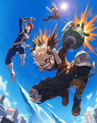 Rule 34 | 3boys, alternate eye color, arm up, backlighting, baggy pants, bakugou katsuki, belt pouch, billboard, black eyes, black mask, black pants, blonde hair, blue eyes, blue sky, blurry, blurry background, bodysuit, boku no hero academia, boots, buckle, burn scar, cameo, chromatic aberration, city, closed mouth, cloud, colored shoe soles, combat boots, commentary, day, explosion, explosive, eye mask, floating hair, flying, freckles, from below, frontbend, frown, full body, gloves, green bodysuit, green gloves, green hair, grenade, grey eyes, hair between eyes, hands up, heterochromia, high collar, highres, ice, jumping, knee boots, knees up, leaning forward, lens flare, light, looking ahead, male focus, midoriya izuku, multicolored hair, multiple boys, nezu (boku no hero academia), no pupils, open mouth, outdoors, outstretched legs, pants, pose request, pouch, red eyes, red hair, sanpaku, scar, scar on face, shoe soles, short hair, single horizontal stripe, sky, sleeves past elbows, smile, snap-fit buckle, spiked hair, split-color hair, sun, sunlight, todoroki shouto, two-tone hair, v-shaped eyebrows, vambraces, water tank, white footwear, white gloves, white hair, zinnkousai3850