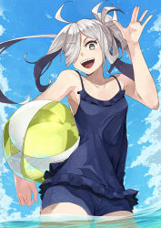 Rule 34 | 1girl, absurdres, ahoge, alternate costume, armpit peek, armpits, asashimo (kancolle), bad id, bad pixiv id, ball, beachball, blue one-piece swimsuit, casual one-piece swimsuit, cowboy shot, day, grey eyes, grey hair, hair over one eye, highres, holding, holding ball, kanmiya shinobu, kantai collection, one-piece swimsuit, open mouth, outdoors, partially submerged, ponytail, sharp teeth, sky, solo, standing, swimsuit, teeth, wading