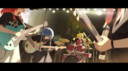 Rule 34 | 4girls, :d, :q, absurdres, black shirt, blonde hair, blue hair, bocchi the rock!, bow, bowtie, bracelet, closed eyes, drum, drum set, gotoh hitori, guitar, hair ornament, hairclip, highres, holding, holding instrument, ijichi nijika, instrument, jewelry, jl tan, kita ikuyo, lens flare, long hair, medium hair, multiple girls, music, open mouth, pink hair, playing instrument, red bow, red bowtie, red hair, shirt, short sleeves, side ponytail, sitting, smile, stage lights, standing, tongue, tongue out, yamada ryo