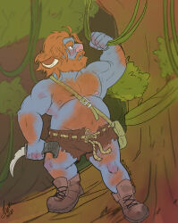 Rule 34 | 1boy, animal ears, arm hair, bag, bara, beard, belly, blue skin, blush, body fur, brown shorts, bulge, chest hair, colored skin, deer boy, deer ears, deformed, facial hair, fat, fat man, forest, frown, full body, gus (orcbardneeul), hairy, highres, holding, holding knife, knife, large pectorals, leg hair, looking up, male focus, mature male, monster boy, muscular, muscular male, mustache, nature, navel hair, nipples, orange fur, original, pectorals, plant, saisio, second-party source, short hair, shorts, shoulder bag, solo, standing, thick eyebrows, thick mustache, vines