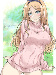 Rule 34 | 1girl, alternate costume, black hairband, blonde hair, blue eyes, breasts, commentary request, cowboy shot, gakky, hairband, kantai collection, large breasts, nelson (kancolle), no pants, one-hour drawing challenge, pink sweater, ribbed sweater, smile, solo, sweater