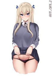 Rule 34 | 1girl, alternate costume, black panties, blonde hair, blue eyes, breasts, cardigan, collared shirt, embarrassed, graf zeppelin (kancolle), grey cardigan, hair between eyes, hair ribbon, highres, kantai collection, large breasts, legs together, long hair, panties, ribbon, school uniform, shirt, solo, tf cafe, twintails, twitter username, underwear, white background