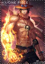 Rule 34 | 1boy, abs, artist name, bead necklace, beads, black hair, blood, blood from mouth, character name, clenched hands, closed mouth, commentary, cowboy hat, dagger, fire, freckles, hat, jewelry, knife, log pose, looking at viewer, male focus, necklace, one piece, portgas d. ace, short hair, smile, solo, topless male, watermark, weapon, web address, weibo logo, weibo watermark, zhang ding