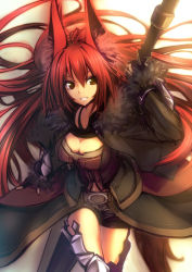 Rule 34 | 1girl, animal ears, armor, belt, boots, box sentou shoujo, breasts, brown eyes, cleavage, corset, female focus, fingerless gloves, fox ears, fur trim, garuku, gauntlets, gloves, greaves, holding, holding weapon, long coat, long hair, looking to the side, original, polearm, red hair, shorts, smile, solo, thigh boots, thighhighs, very long hair, weapon, yellow eyes