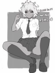 Rule 34 | 10s, 1girl, arm behind back, arm support, ashido mina, black sclera, boku no hero academia, character name, colored sclera, dress shirt, greyscale, horns, ina (gokihoihoi), kneehighs, loafers, monochrome, necktie, panties, pantyshot, pleated skirt, school uniform, shirt, shoes, short hair, sitting, skirt, sleeves pushed up, sleeves rolled up, smile, socks, solo, underwear, upskirt, v