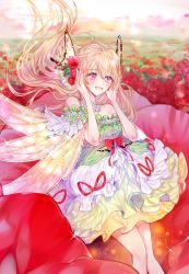Rule 34 | 1girl, :d, bang dream!, blonde hair, blush, butterfly hair ornament, commentary request, detached collar, detached sleeves, dress, fairy wings, field, flower, flower field, frills, hair between eyes, hair flower, hair ornament, hands on own cheeks, hands on own face, highres, keomi syeon, layered dress, long hair, looking at viewer, multicolored clothes, multicolored dress, open mouth, outdoors, purple eyes, red flower, red ribbon, red rose, ribbon, rose, shirasagi chisato, sitting on flower, smile, solo, sparkle, wings