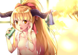 Rule 34 | 1girl, absurdres, alternate hairstyle, blonde hair, blush, bow, breasts, can, collarbone, hair bow, highres, horn ornament, horn ribbon, horns, huangquan dong (sinchi), ibuki suika, long hair, looking at viewer, nipples, nude, open mouth, ponytail, ribbon, small breasts, solo, tongue, touhou, towel, very long hair, yellow eyes