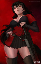 Rule 34 | 1girl, artist name, black hair, black skirt, black thighhighs, breasts, bridal gauntlets, cleavage, commentary request, from below, large breasts, lips, long hair, looking at viewer, mature female, miniskirt, nextoad, parted lips, patreon username, pleated skirt, raven branwen, red background, red eyes, red shirt, rwby, sheath, sheathed, shirt, skirt, solo, sword, thighhighs, thighs, very long hair, watermark, weapon, web address, zettai ryouiki