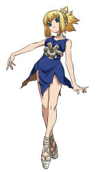 Rule 34 | 1girl, arm behind head, arm up, armpits, blonde hair, blue dress, blue eyes, breasts, choker, cleavage, contrapposto, dr. stone, dress, high heels, kohaku (dr. stone), legs, looking at viewer, medium breasts, simple background, solo, thighs, white background, white choker
