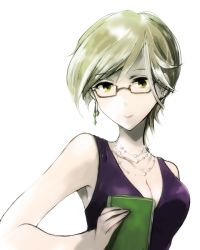 Rule 34 | 10s, 1girl, aikawa chinatsu, breasts, brown hair, cleavage, earrings, glasses, idolmaster, idolmaster cinderella girls, jewelry, necklace, qeey, short hair, sleeveless, smile, solo, white background, yellow eyes