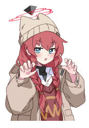 Rule 34 | 1girl, absurdres, beanie, blue archive, blue eyes, blush, braid, brown hat, brown jacket, brown vest, collared shirt, hair between eyes, halo, hat, highres, jacket, long hair, long sleeves, looking at viewer, maki (blue archive), maki (camp) (blue archive), official alternate costume, open clothes, open jacket, open mouth, red hair, red halo, shiromoca, shirt, simple background, solo, twin braids, upper body, vest, white background, white shirt