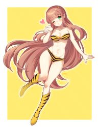 Rule 34 | 1girl, animal print, bare arms, bare shoulders, blowing kiss, breasts, brown hair, cleavage, collarbone, commentary request, cosplay, doki doki literature club, full body, green eyes, heart, highres, horns, long hair, looking at viewer, lum, lum (cosplay), medium breasts, monika (doki doki literature club), nan, navel, pointy ears, solo, stomach, tiger print, urusei yatsura, very long hair
