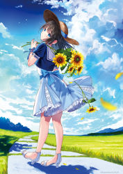 Rule 34 | 1girl, black hair, blue bow, blue dress, blue eyes, blue shirt, blue sky, bow, brown hat, closed mouth, cloud, cloudy sky, commentary, commentary request, day, dress, flower, from behind, full body, grass, hanekoto, hat, head tilt, high heels, highres, holding, holding flower, long hair, looking at viewer, looking back, nail polish, original, outdoors, petals, pleated dress, sailor collar, sailor dress, shirt, short sleeves, sky, smile, solo, standing, straw hat, sun hat, sunflower, twitter username, white footwear, white sailor collar, yellow flower