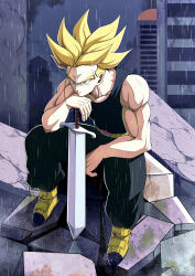 Rule 34 | 1boy, absurdres, act (act 1113), belt, biceps, black pants, black shirt, blonde hair, boots, building, city, closed mouth, collarbone, dragon ball, dragonball z, frown, green eyes, highres, male focus, muscular, muscular male, outdoors, overcast, pants, pectorals, planted, planted sword, planted weapon, rain, ruins, serious, shirt, sitting, sky, skyscraper, sleeveless, sleeveless shirt, solo, spiked hair, super saiyan, super saiyan 1, sword, trunks (dragon ball), trunks (future) (dragon ball), v-shaped eyebrows, weapon, yellow belt, yellow footwear
